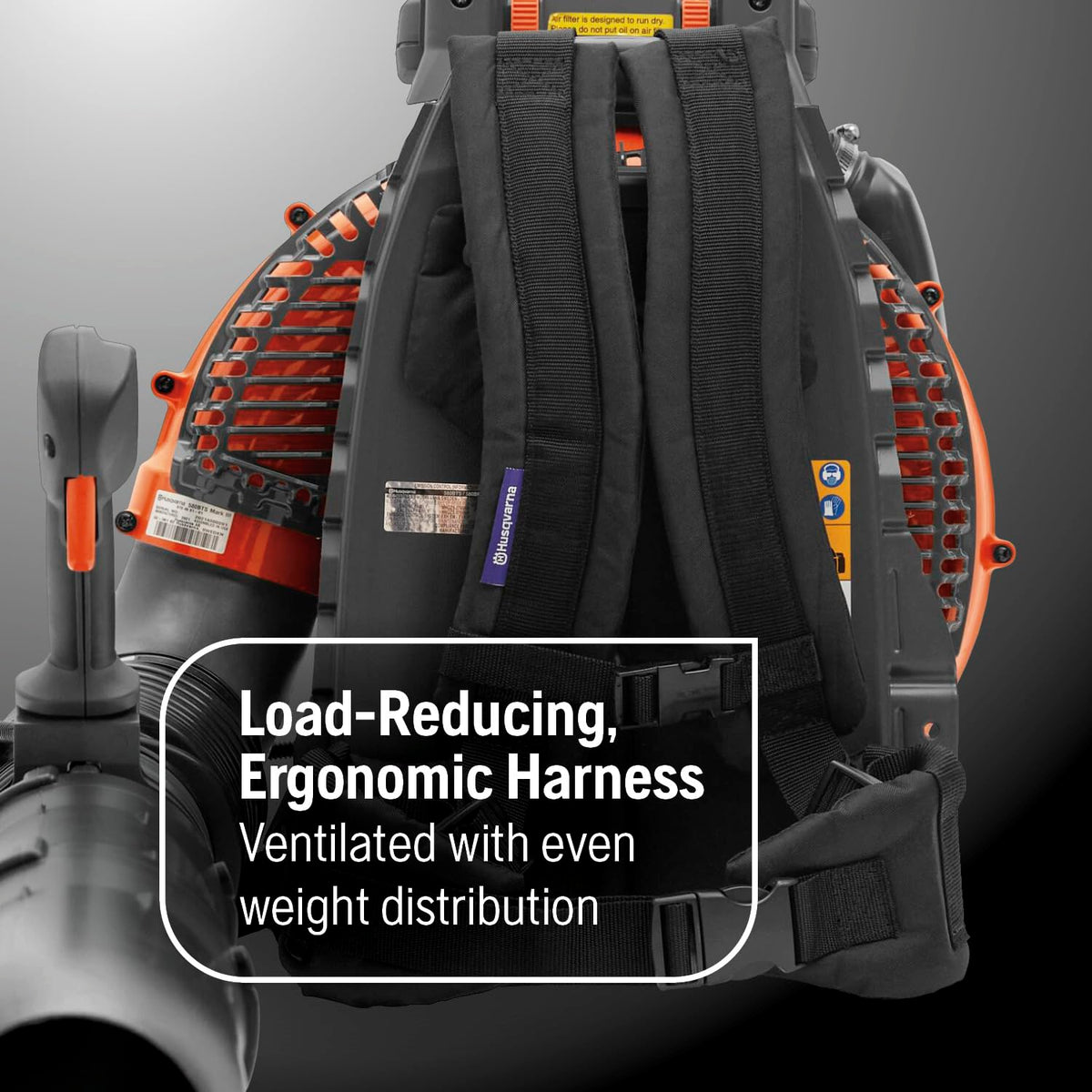Husqvarna 580BTS backpack blower ventilated harness for cooler, more comfortable operation