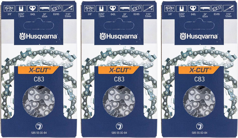 Husqvarna 585550084 X-CUT chain exterior view with pre-stretched tension for consistent performance.
