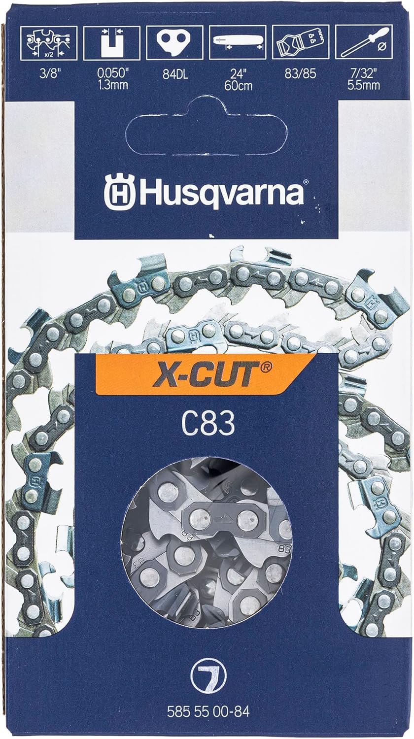 Close-up of razor-sharp edges on Husqvarna X-CUT chain for clean cuts.