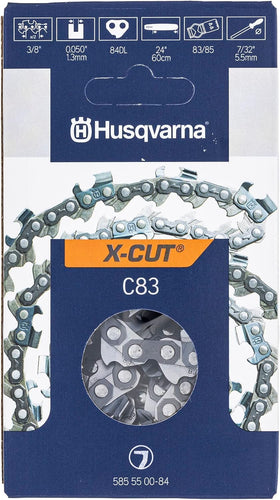 Close-up of razor-sharp edges on Husqvarna X-CUT chain for clean cuts.