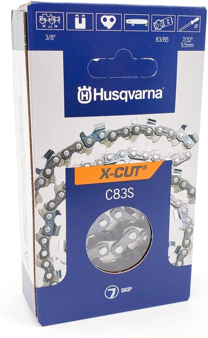Husqvarna C83SK 28in skip-tooth chain close-up highlighting sharp chisel cutters for smoother, faster cuts.