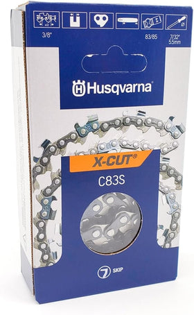 Husqvarna C83SK 28in skip-tooth chain close-up highlighting sharp chisel cutters for smoother, faster cuts.