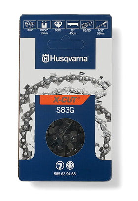 Husqvarna S83G chain close-up with guarded drive links for safer operation.