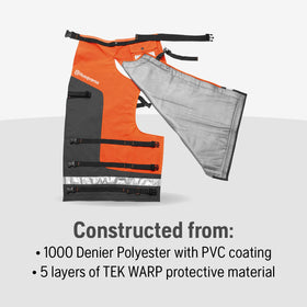 Husqvarna chaps featuring pockets and buckles for easy gear access