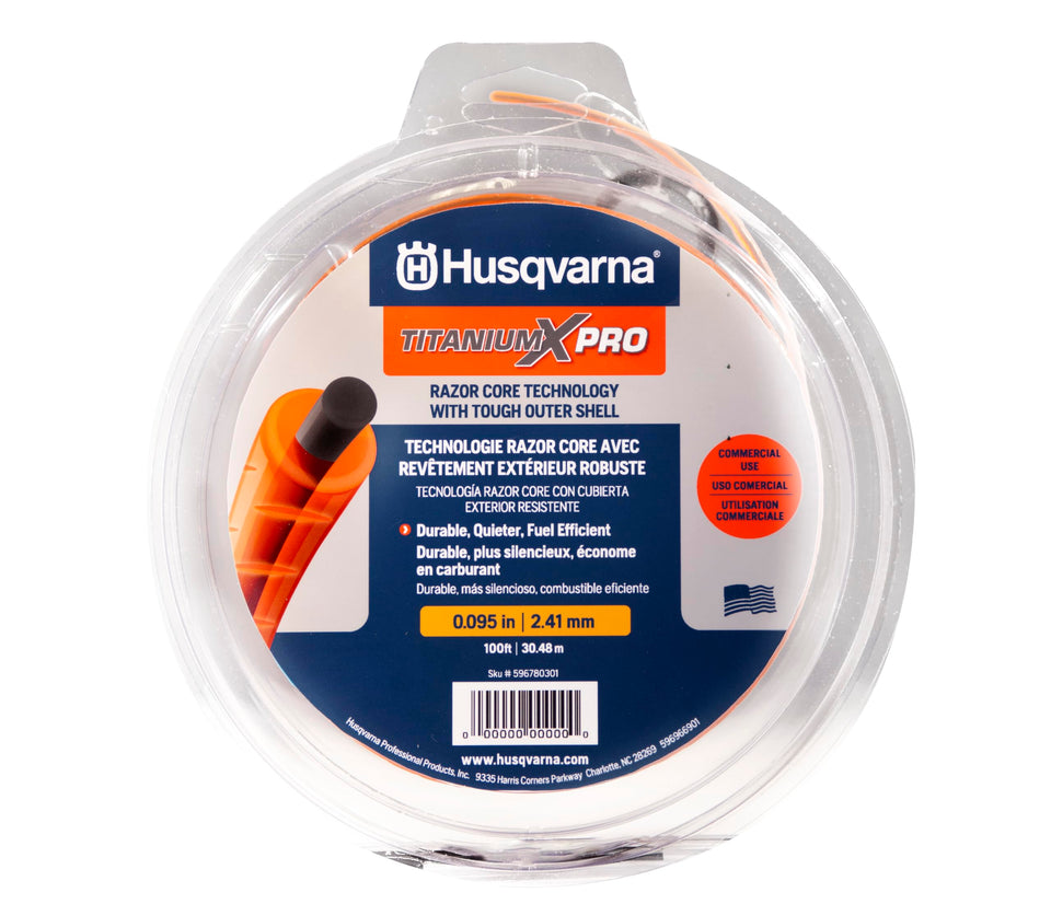 Husqvarna Titanium X-Pro 100ft orange spool trimmer line designed for durable edging.