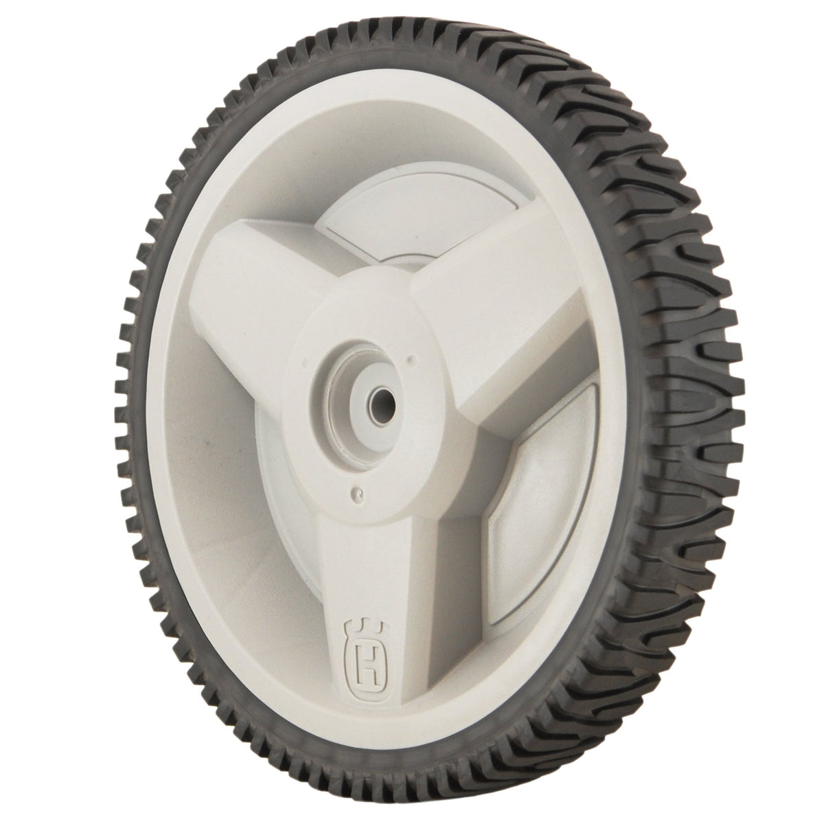 Husqvarna wheel 12x1.75 mounted on mower, showing fit and clearance