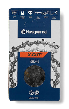 Husqvarna X-Cut S83G 24in chain on bar delivers smooth, efficient cuts.
