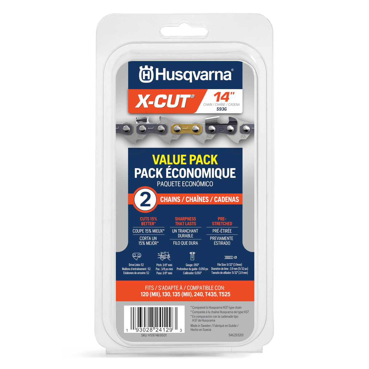 Husqvarna X-Cut S93G 14-inch chain two-pack for precise cuts in tight spaces.
