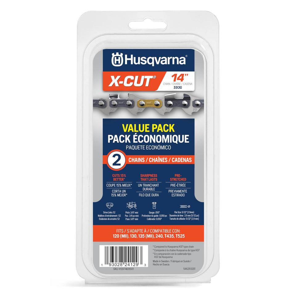 Husqvarna X-Cut S93G 14-inch chain two-pack for precise cuts in tight spaces.