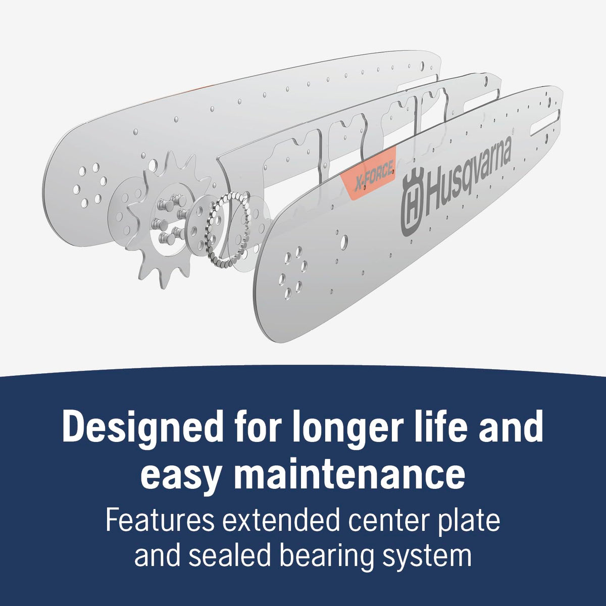 No-grease hole on Husqvarna X-Force bar helps keep bearings clean.