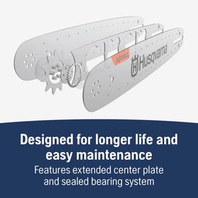 No-grease hole on Husqvarna X-Force bar helps keep bearings clean.
