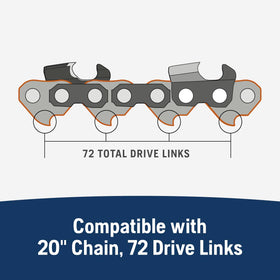 Husqvarna X-Tough 20in bar with 72 drive links supports steady feed and consistent cutting.