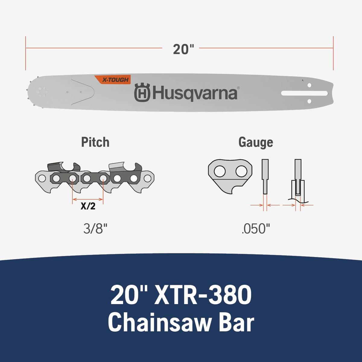 Husqvarna X-Tough 20in bar solid steel body for reliable cuts under heavy use.