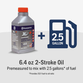 Husqvarna XP+ label highlighting fuel stabilizer and JASO-FD certification
