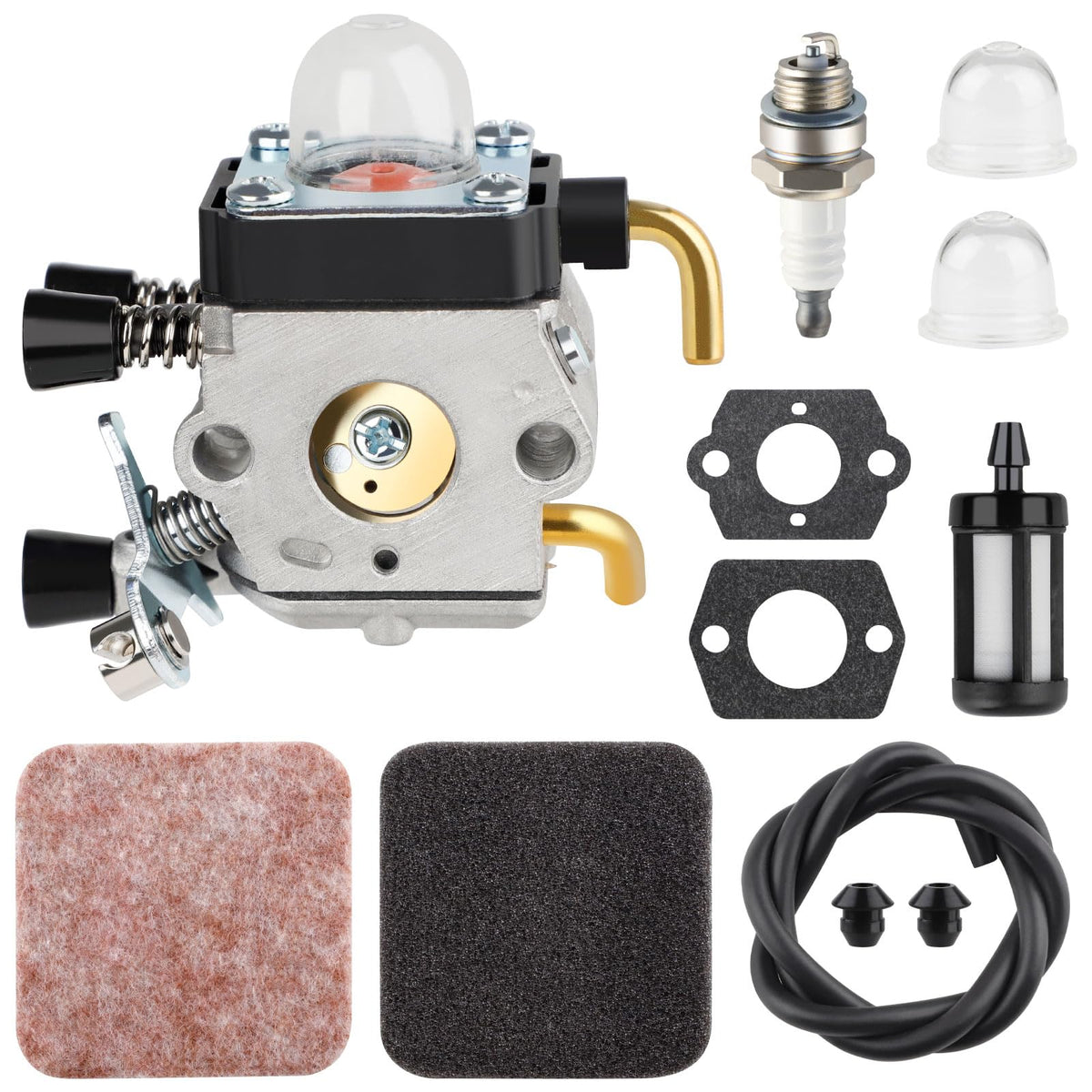 HUSWELL FS85R carburetor close-up showing precise fit for Stihl trimmers.