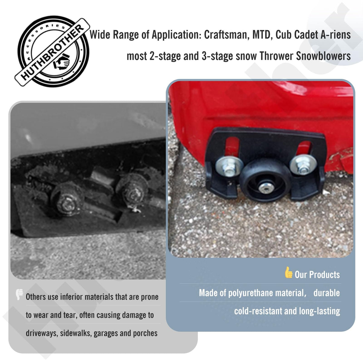 Huthbrother driveway-protection snow thrower skid shoes guard driveways and sidewalks.