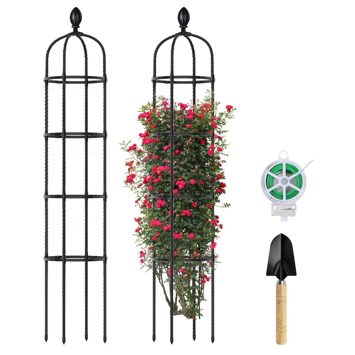 Huvai 2-pack 69-inch obelisk trellis supports climbing plants like roses.