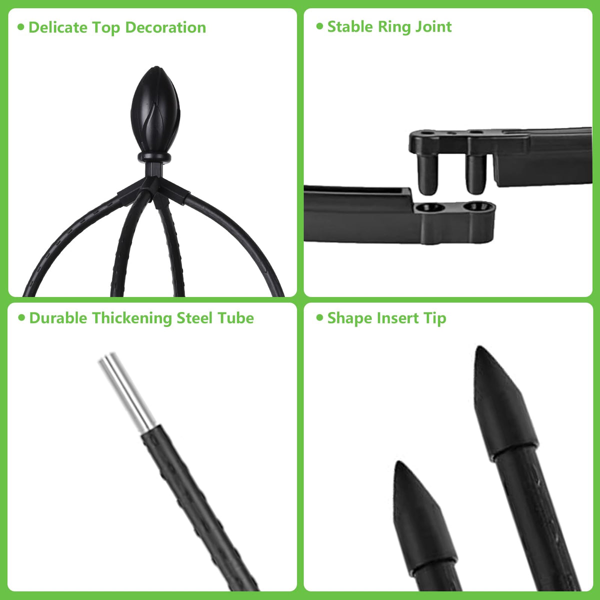 Adjustable rings on the obelisk guide plant growth with flexibility.