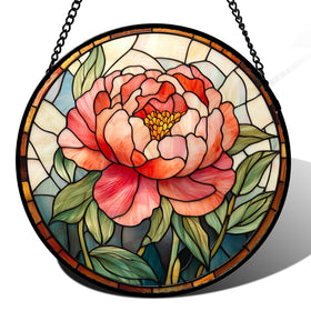 HWRHTR pink peony stained glass suncatcher; vibrant light diffusion in a window setting.