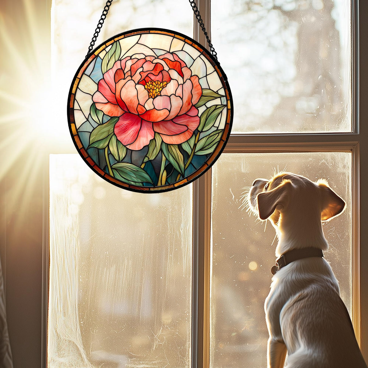HWRHTR pink peony suncatcher close-up; intricate glass patterns catch and refract sunlight.