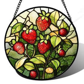 HWRHTR stained glass suncatcher brightens a window with warm red strawberry hues