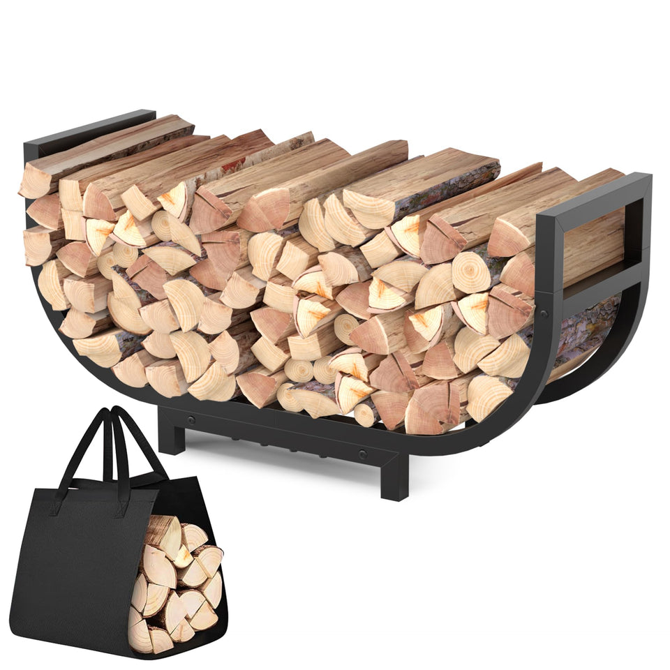 HXJLJY 34-inch firewood rack with arched design keeps logs organized and dry.