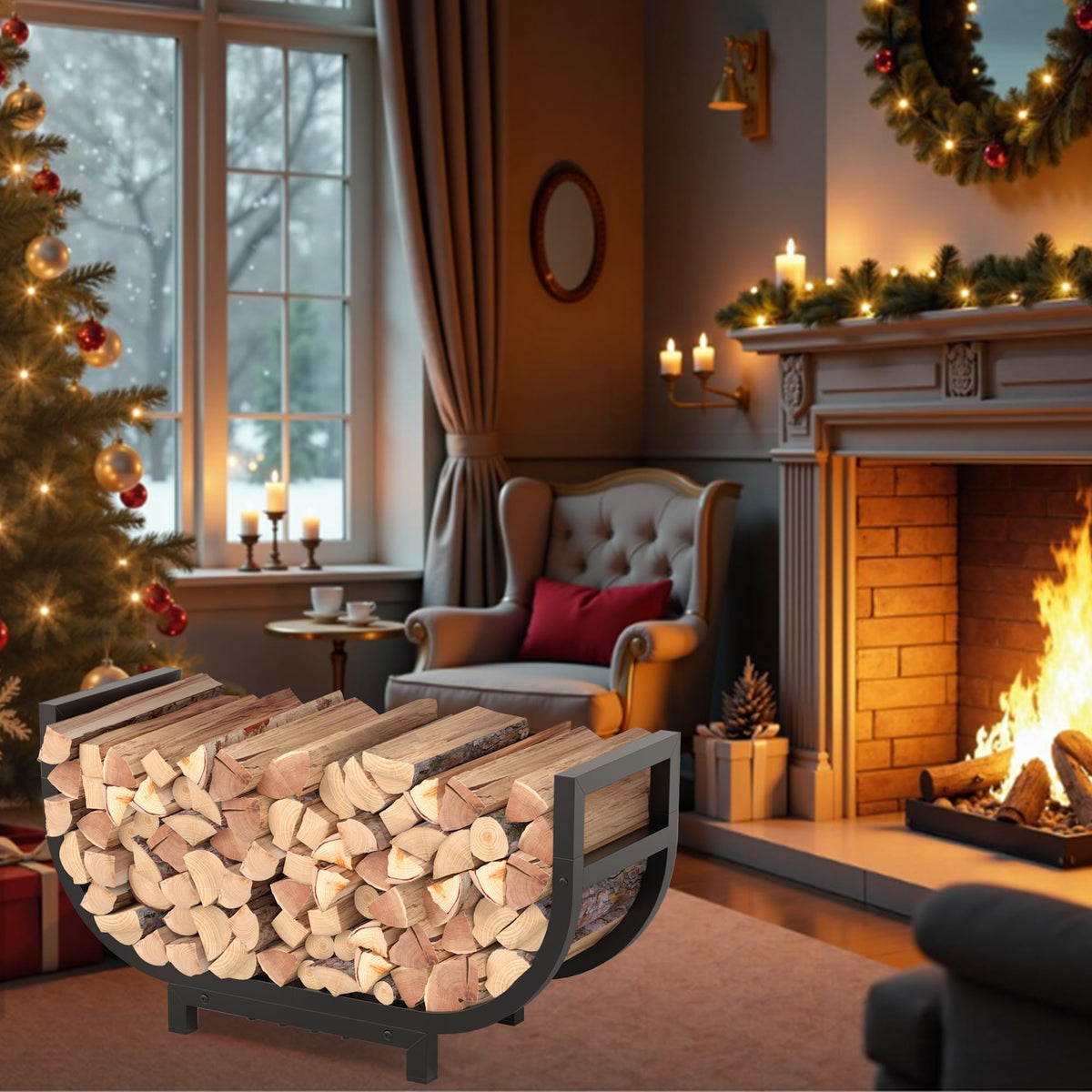 HXJLJY firewood rack with log carrier bag for easy transport.