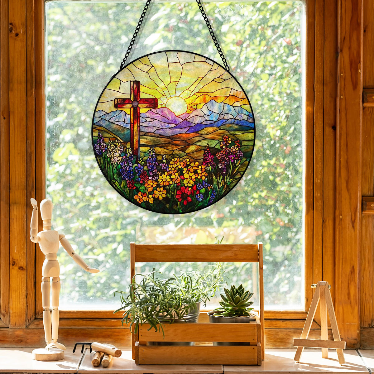 Hxlac Cross Flower Suncatcher with chain and hook ready for sunny window display.