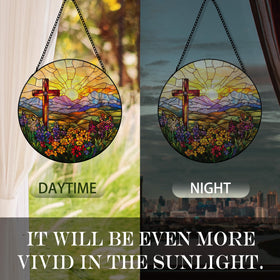 Hxlac Cross Flower Suncatcher closeup shows color shifts in glass.