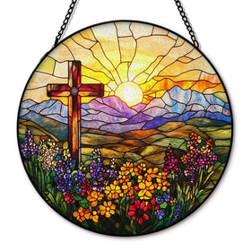 Hxlac Cross Flower Suncatcher stained glass window shimmer in daylight.