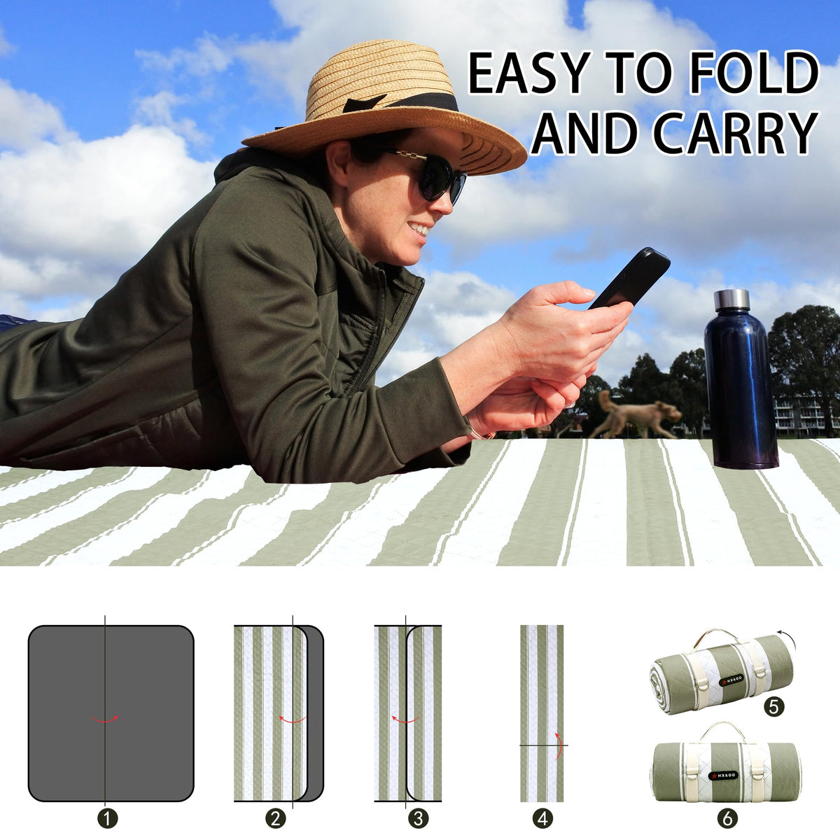 HX&OD portable picnic blanket with carry strap ready for outings.