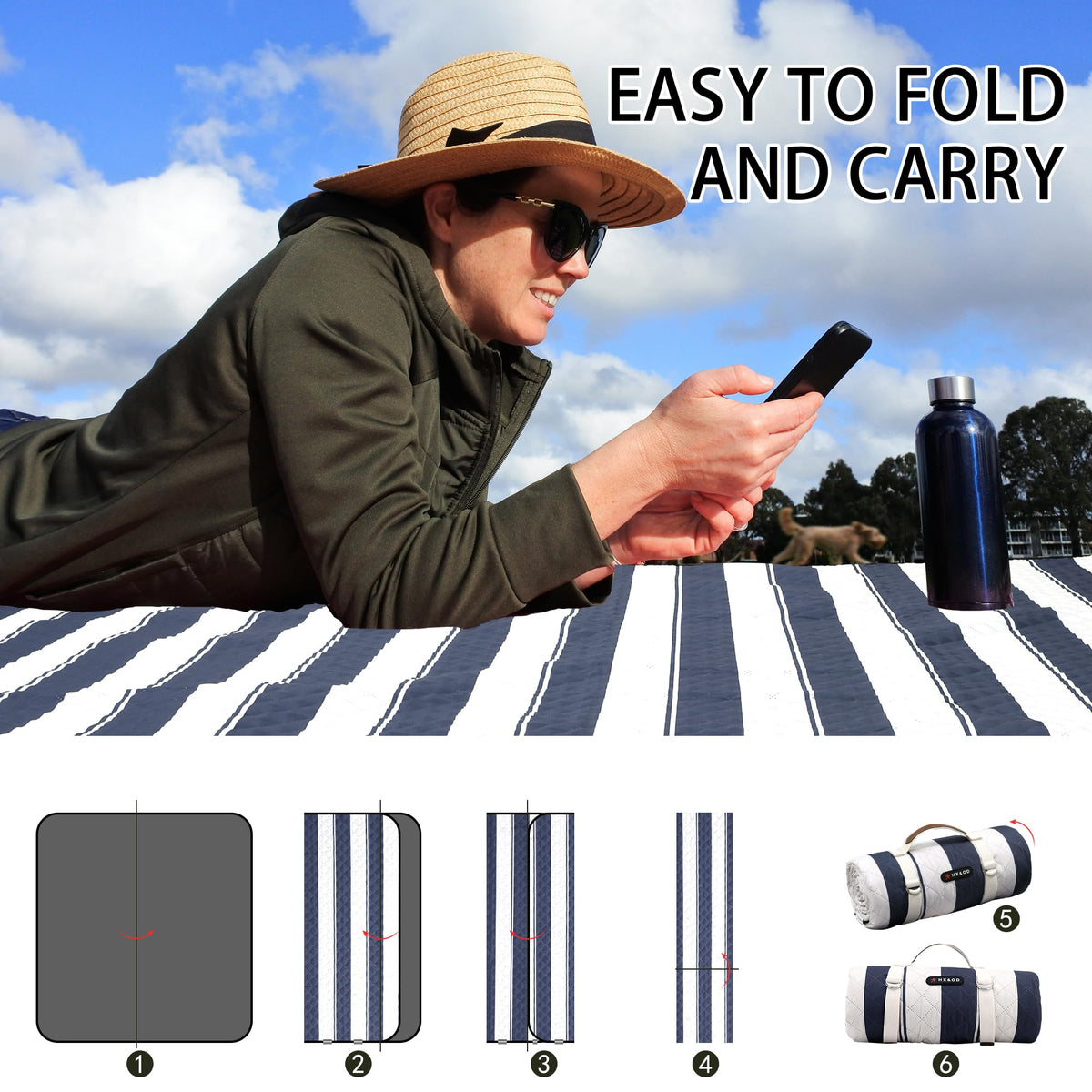 HX&OD multi-use blanket for beach, park, camping, and travel.