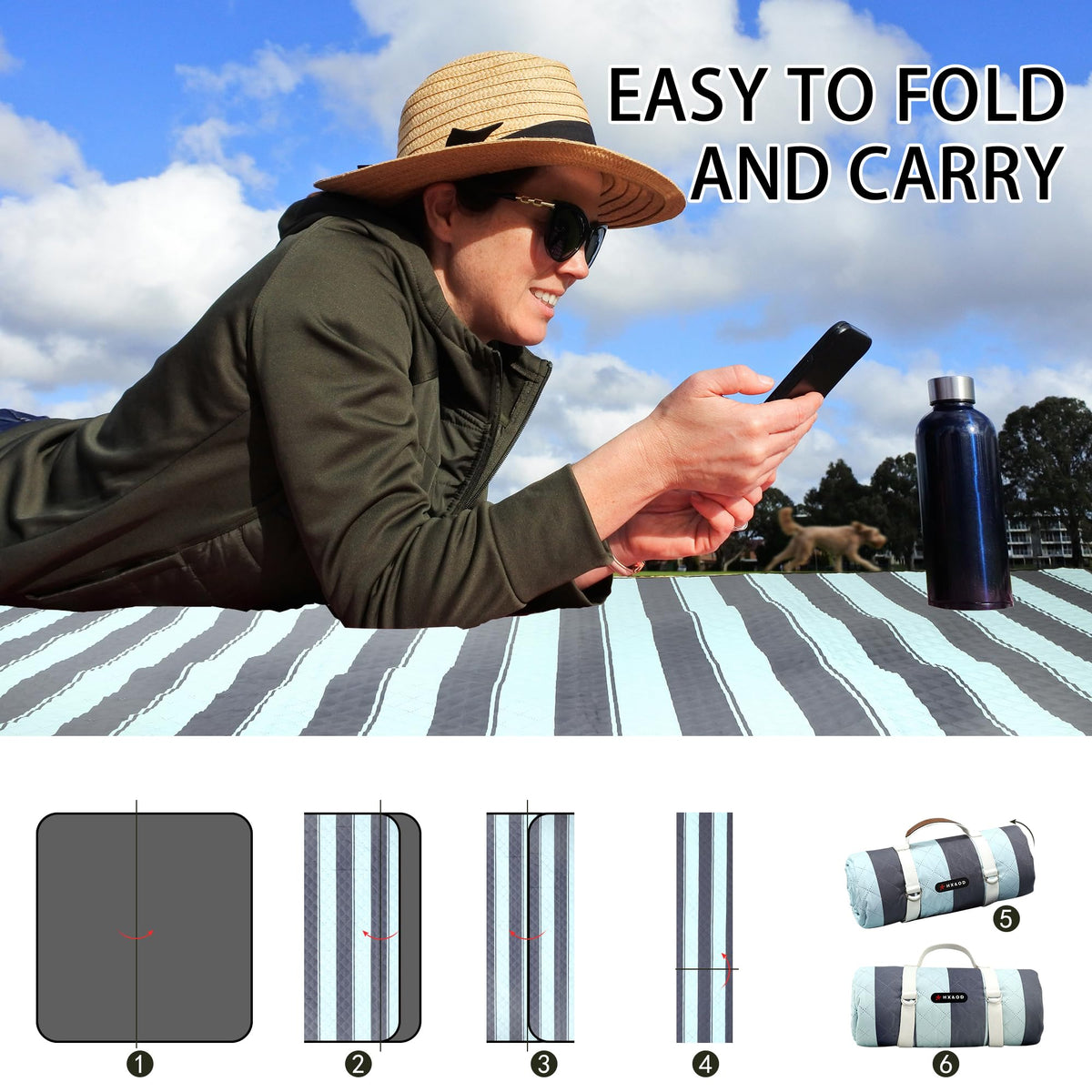 HX&OD portable blanket folds to a compact size for travel.