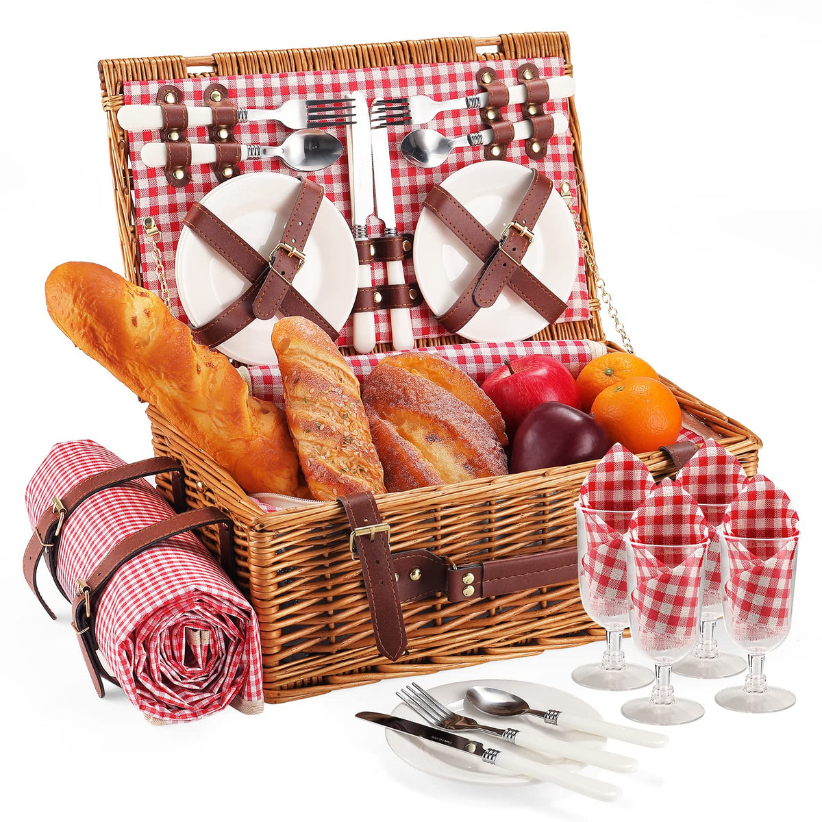 HYBDAMAI picnic basket 4-person wicker with sturdy carry handle for outdoor dining.