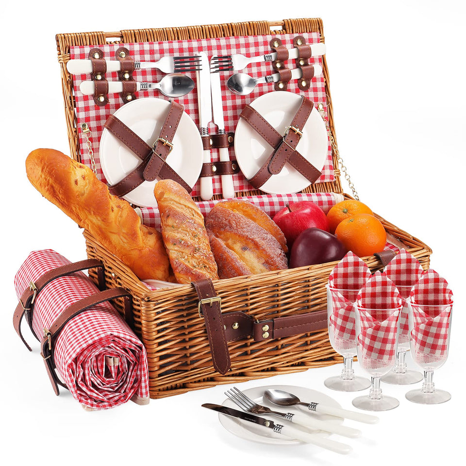 HYBDAMAI picnic basket 4-person wicker with sturdy carry handle for outdoor dining.