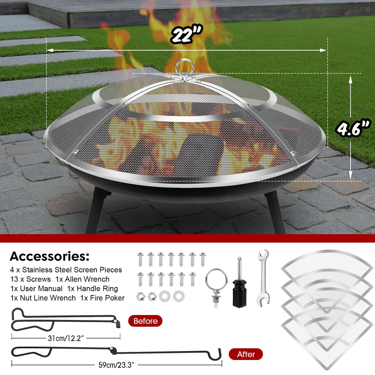 Hydream fire pit screen with handle and poker for safe adjustments around the flame.
