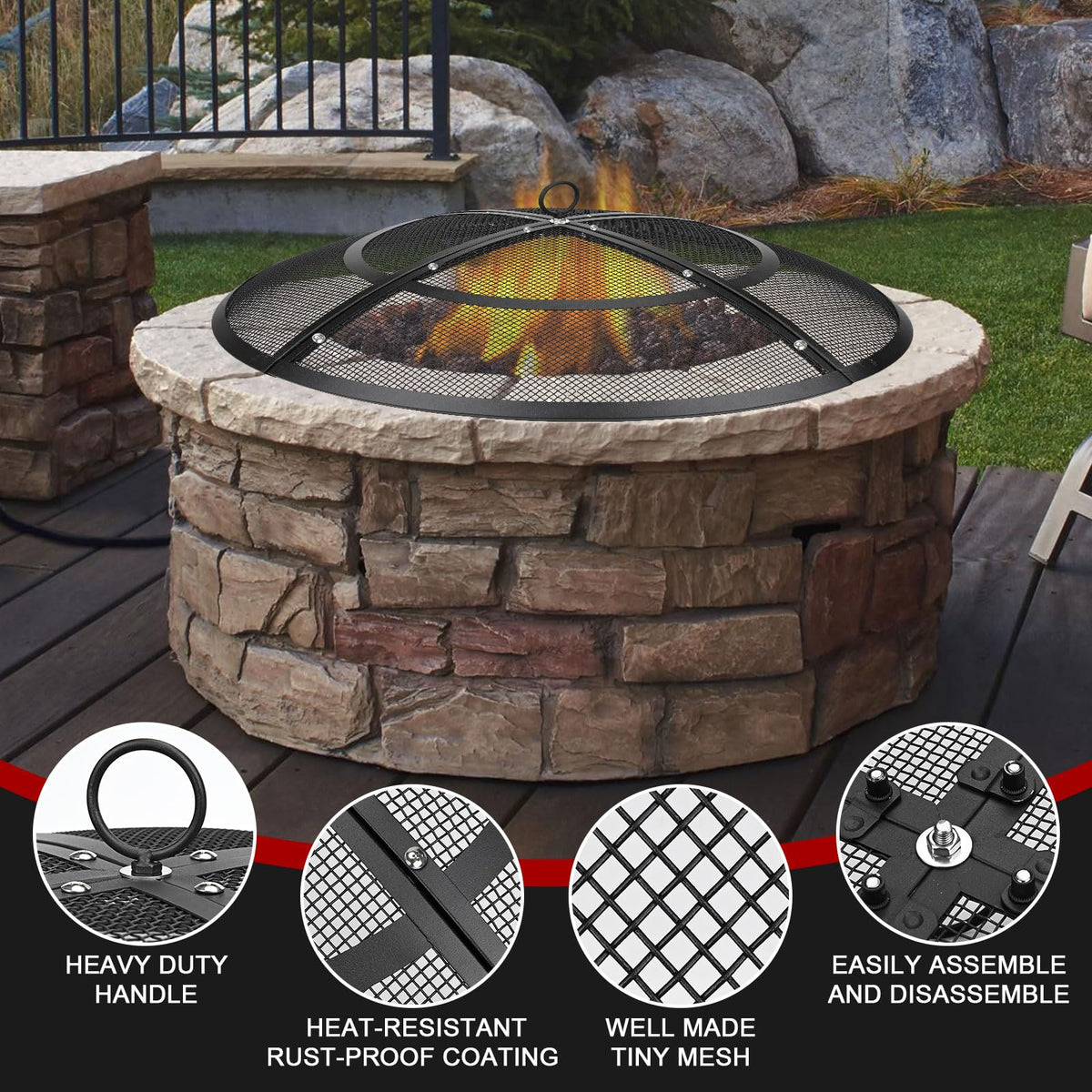 Hydream heavy-duty steel fire pit screen resists heat and rust for long-lasting use.