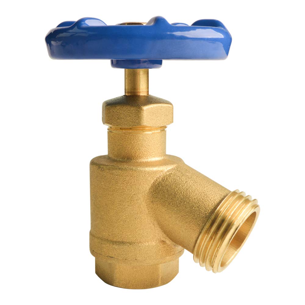 HYDRO MASTER brass garden valve bent nose close-up shows reliable hose connection.