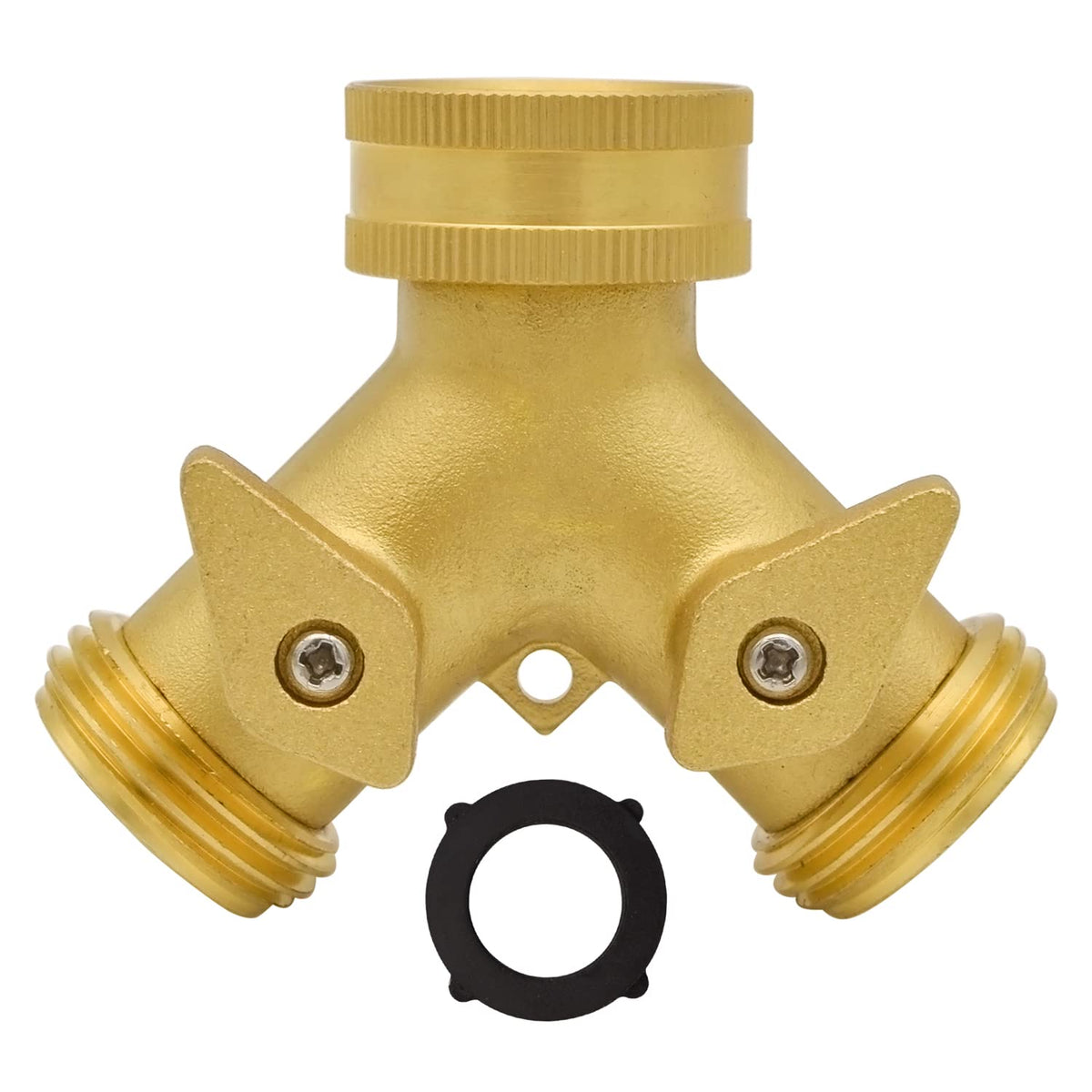 HYDRO MASTER heavy-duty brass 2-way splitter with dual outlets.
