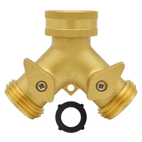 HYDRO MASTER heavy-duty brass 2-way splitter with dual outlets.
