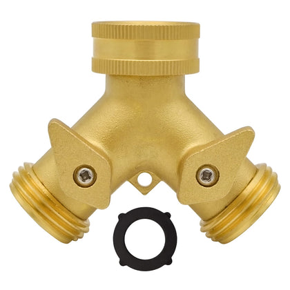HYDRO MASTER heavy-duty brass 2-way splitter with dual outlets.