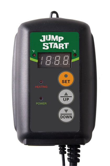 Hydrofarm JumpStart thermostat digital display enables precise heat mat control for seedlings and rooting trays.