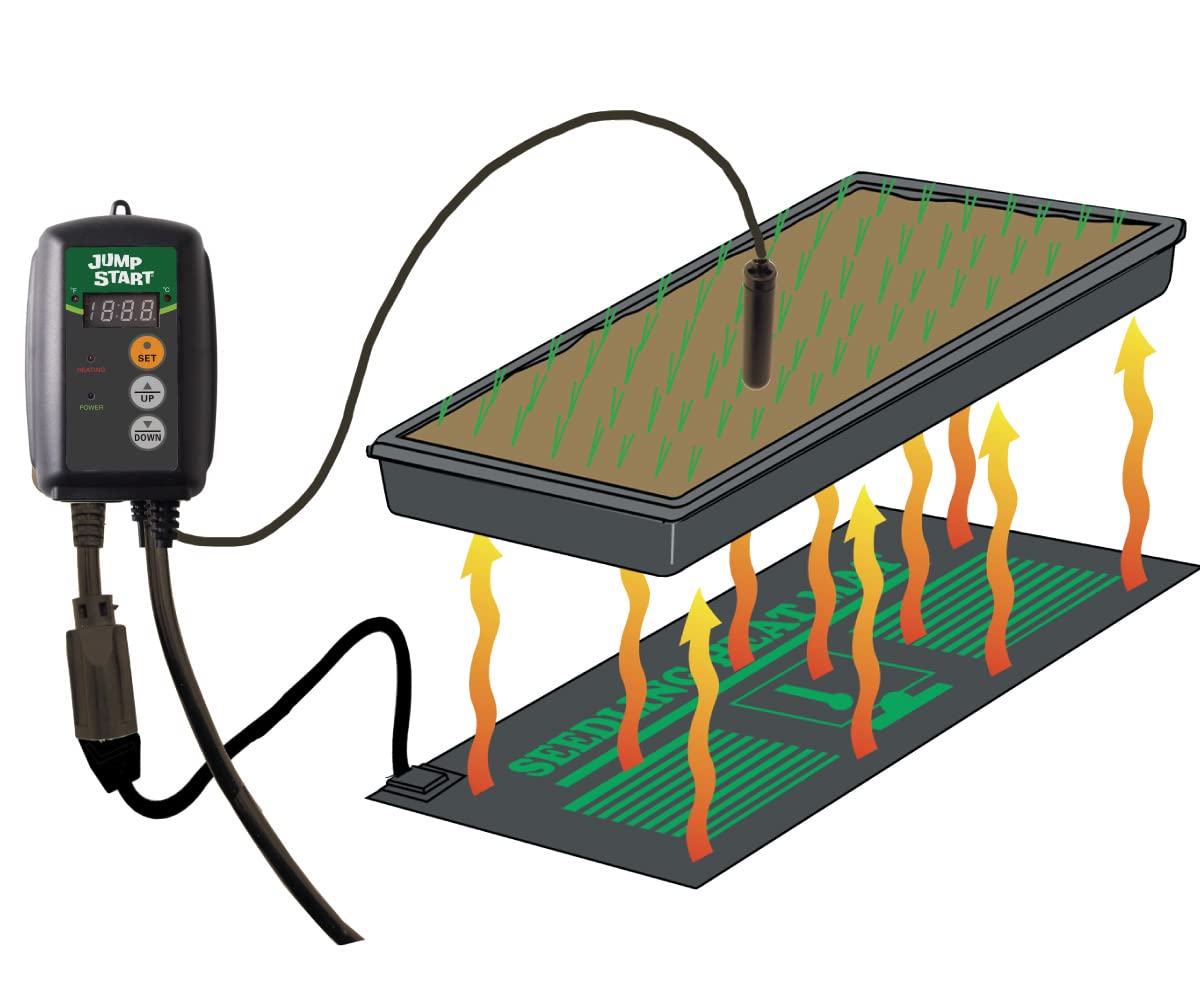 Hydrofarm JumpStart thermostat with LED indicator shows active heat for easy monitoring.