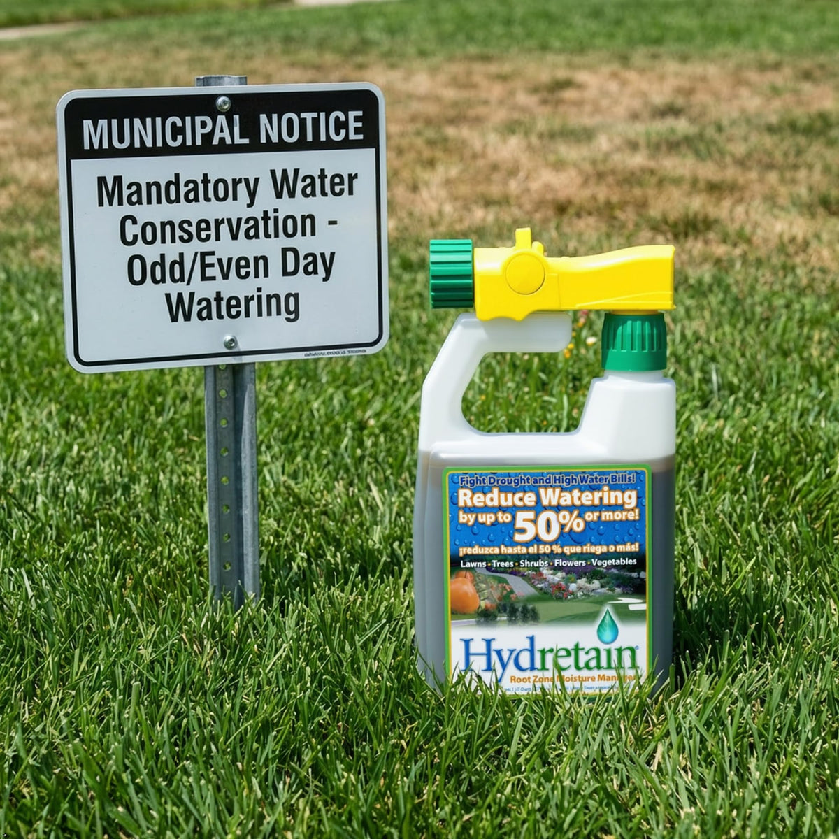 Drought-ready lawn maintained with Hydretain under watering restrictions.