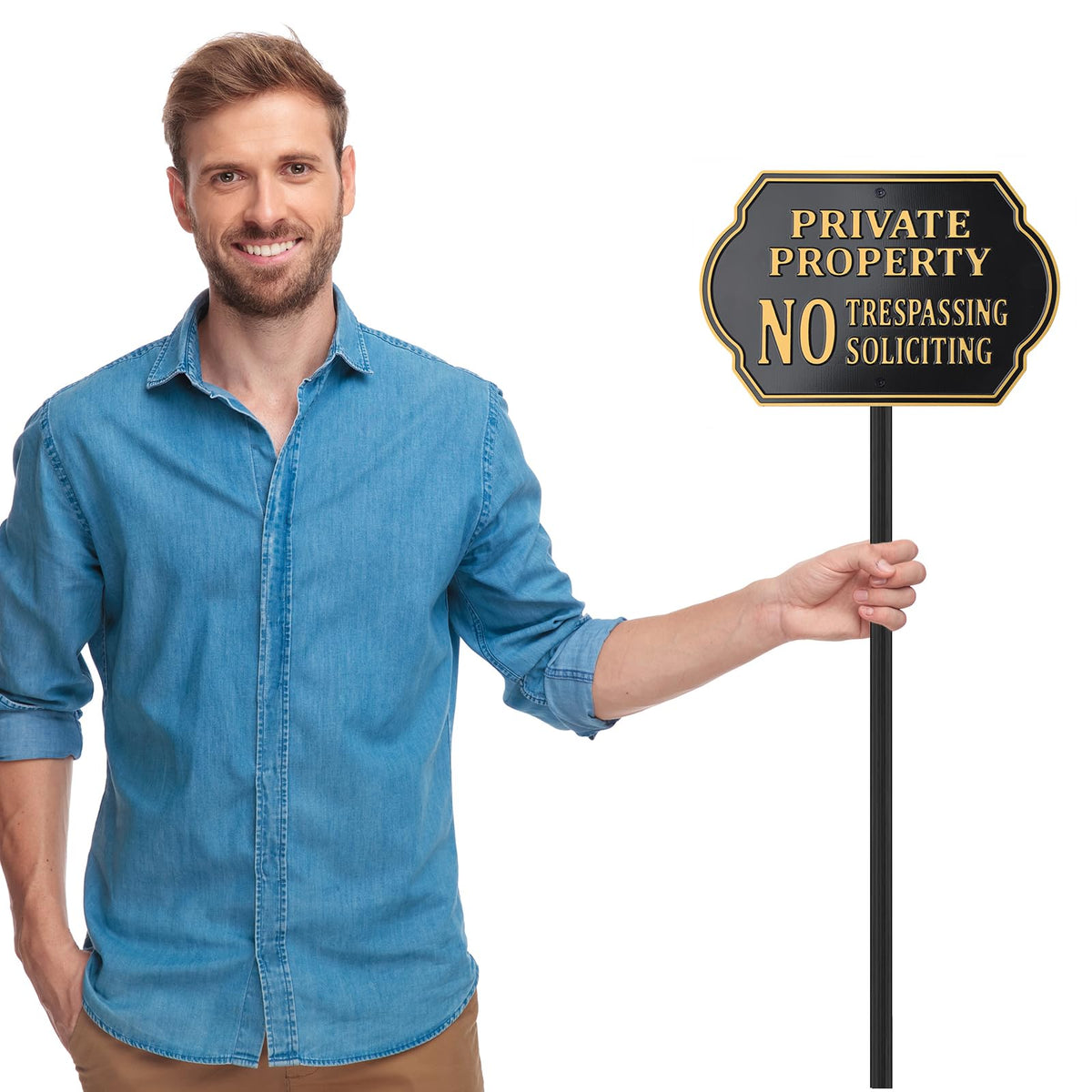 HYF DESIGN No Soliciting Sign with yard stake seen from the yard angle