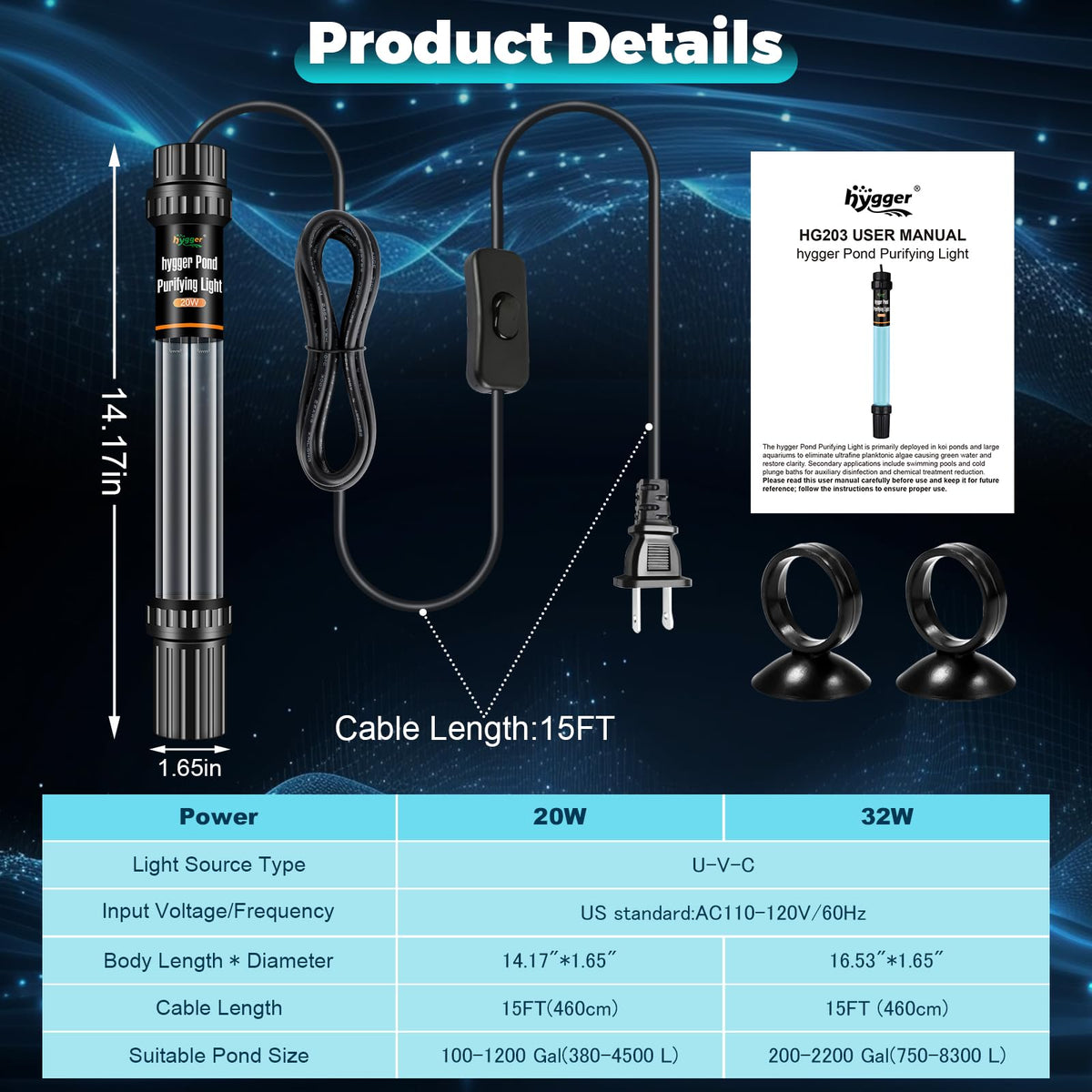 Hygger U-V light features a 15ft cable for flexible placement in ponds.