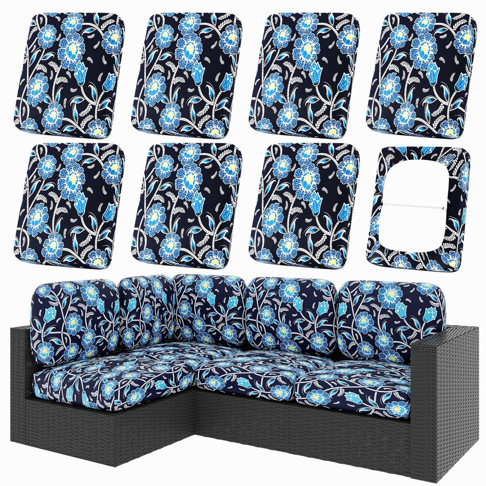 hyha bluebell cushion cover demonstrates stretch fabric for a snug patio fit.