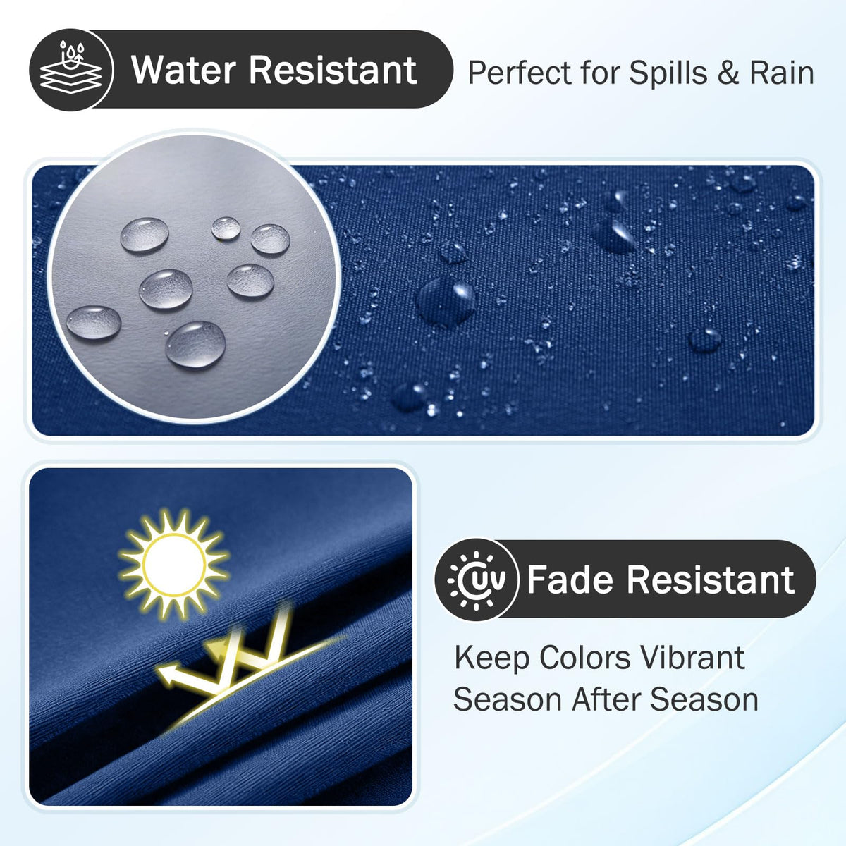 Hyha coated-uv-resistant cushion cover adds lasting color to navy outdoor seating.