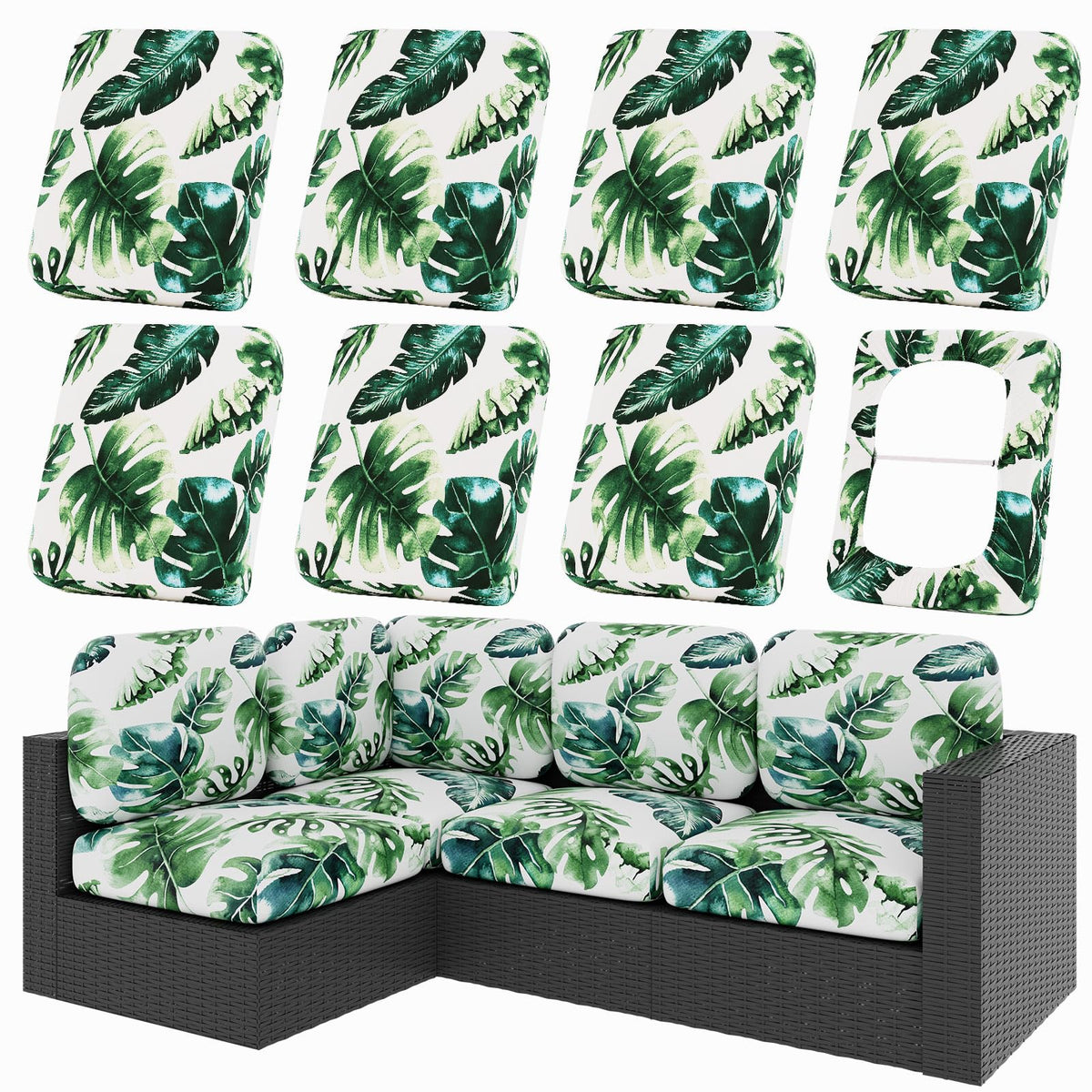 hyha Monstera Deliciosa cushion cover shows stretchy fabric for a snug outdoor fit