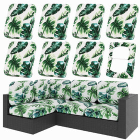 hyha Monstera Deliciosa cushion cover shows stretchy fabric for a snug outdoor fit